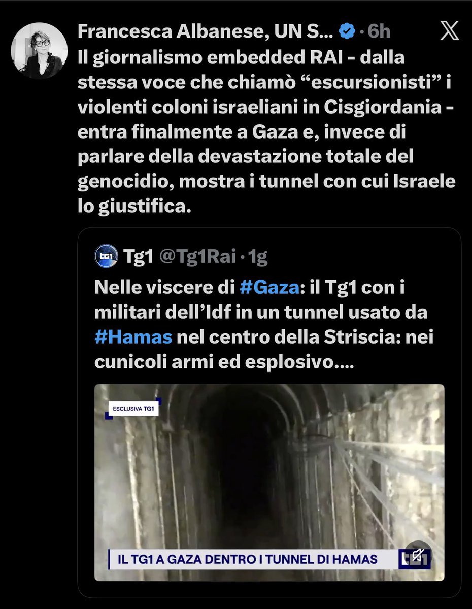 sdigiustizia's tweet photo. 🛑 QUANDO LA VERITÀ COLPISCE NEL SEGNO❗️❗️❗️

Signora @FranceskAlbs , la smetta di considerare l'opinione pubblica come un pubblico da indottrinare. Le immagini della distruzione a Gaza sono un fatto già visibile ogni giorno su qualsiasi media; non serviva un inviato della Rai per mostrare la drammaticità delle macerie. La differenza è che lei sembra pretendere un monopolio sulla narrazione, chiedendo di omettere dal racconto qualsiasi elemento che complichi la sua tesi.

Documentare la fitta rete di tunnel da cui opera Hamas non significa affatto ignorare o giustificare la tragedia dei civili, ma offrire al pubblico la reale complessità del conflitto. Lei, al contrario, utilizza il dramma delle macerie per promuovere la tesi del "genocidio" come una certezza acquisita, quando sul piano giuridico non esiste alcuna sentenza definitiva degli organi di giustizia internazionale. In questo modo si sovrappone ai tribunali, piegando il dibattito legale alla propria narrazione politica.

Delegittimare un giornalista (@brunoriRai) sul piano personale, etichettandolo come "embedded" solo perché documenta la realtà nella sua interezza, è una scelta di scontro mediatico che ha ben poco a che fare con la tutela dei diritti umani. Questo approccio, fondato sulla continua individuazione di un bersaglio polemico, richiama piuttosto i modi e i toni tipici di un'attività politica permanente. Sorge quindi il dubbio legittimo che questa costante sovraesposizione pubblica possa essere funzionale alla preparazione di un percorso politico personale.

Se l'ambizione è quella di fare politica attiva, sarebbe lineare e trasparente dichiararlo apertamente e confrontarsi nelle sedi opportune, anziché esercitare una pressione ideologica dal profilo di un ruolo istituzionale super partes. Pretendere che il servizio pubblico ometta pezzi di realtà per conformarsi a una specifica visione culturale non difende l'informazione: la limita.👇