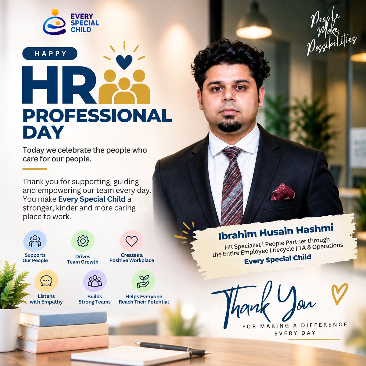 escunitedstates's tweet photo. Happy HR Professional Day, Ibrahim Husain Hashmi!

Thank you for putting people first and creating a culture where everyone feels valued, supported &amp; empowered to grow.

#HRProfessionalDay #HR #PeopleAndCulture #EverySpecialChild https://t.co/qOPD5S29no