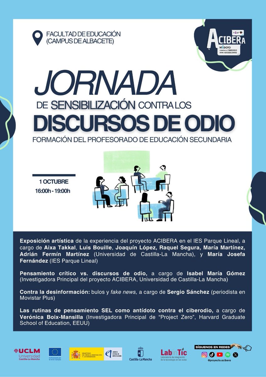 proyectoacibera's tweet photo. ℹ️ Jornada de #sensibilización sobre los #discursos de odio y la #desinformación dirigida al profesorado de ESO

🗓️ 1 Octubre
🕔 16h-19h
📍 Facultad de Educación (AB)

Espacio para promover la reflexión y conectar con una realidad social que afecta a nuestros jóvenes: #ciberodio https://t.co/a9ET26KC5j