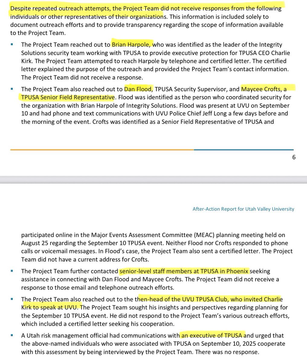 BraveReport's tweet photo. You’re trying to tell me that the team who conducted UVU’s independent review of the day Charlie Kirk was killed couldn’t get a response from A SINGLE TPUSA affiliated person it tried to reach, despite calls, emails and even certified letters?

But Andrew Wilson got a response from TPUSA right away because he “sent a nice email”?