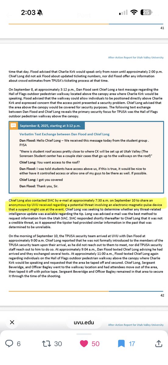 ErinBWea's tweet photo. I haven’t finished the review yet but had to stop and share this. 

UVU received an anonymous tip the morning of the event about a potential threat involving an ELECTROMAGNETIC PULSE DEVICE THAT A SUSPECT MIGHT USE.

@DiligentDenizen @BasedSamParker https://t.co/5zakTbQecv