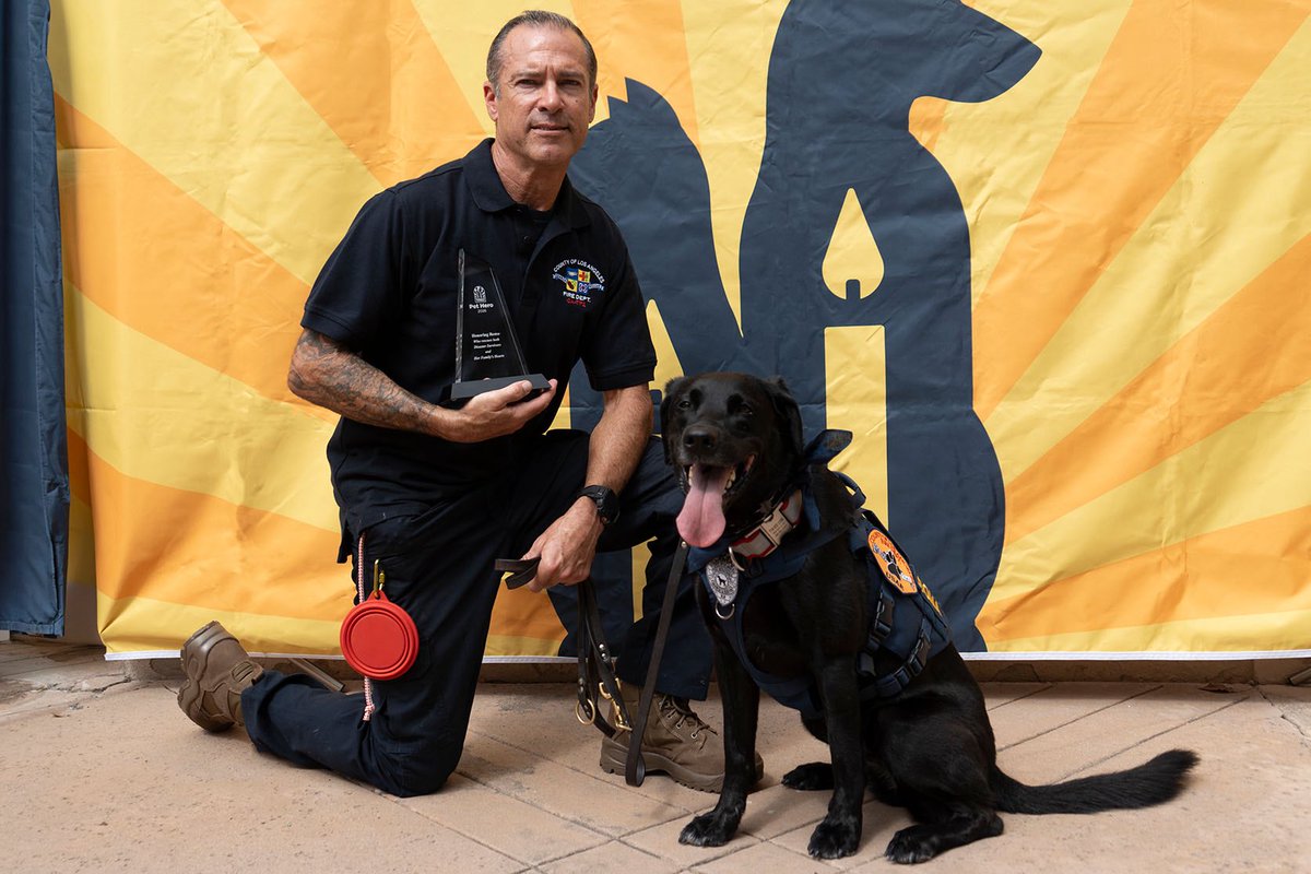 LACOFD's tweet photo. From an L.A. shelter to saving lives worldwide! 🐾
Congrats to #LACoFD Fire Fighter Derek Morree & K-9 Roma on winning the Pet Hero Award at Helen Woodward Animal Center’s #RememberMeThursday ceremony! 🏆
Roma was honored for her incredible life-saving work rescuing survivors trapped under earthquake rubble in Venezuela. 🇻🇪❤️
A true testament to the power of giving shelter dogs a second chance. 🐕🦺 Partnered with @searchdogfdn.
