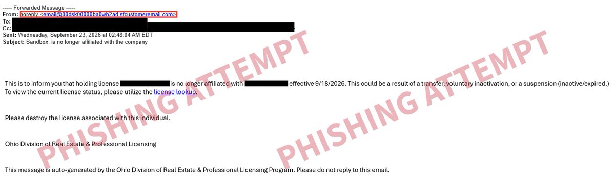OhioCommerce's tweet photo. ⚠️ #ScamAlert: We are making you aware of an email impersonating @OH__RealEstate claiming licenses are deactivated and urging users to click suspicious links. If you received the email, DO NOT CLICK ANY LINKS and delete the email immediately. #ohiocommerce #ohio #ohiohousing https://t.co/sYl4Q661tZ