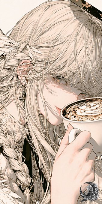 An anime-style illustration of a girl with long braided blonde hair drinking from a cup of latte art coffee, wearing a ring on her finger.