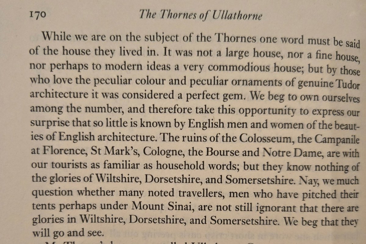 FurtherOr's tweet photo. "... so little is known by English men and women of the glories of English architecture. The ruins of the Colosseum, the Campanile at Florence ... are ... familiar as household words, but they know nothing of the glories of Wiltshire, Dorsetshire, and Somersetshire. ..." https://t.co/vCiuqmSudw