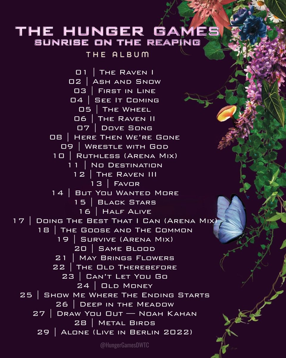 HungerGamesDWTC's tweet photo. A few updates for the official  Tracklist for The Hunger Games: Sunrise on the Reaping The Album. 

New songs added, arena mixes, and now in order! 

Available to Pre-order October 2nd. Releases November 13th https://t.co/BBtK6N2N8J