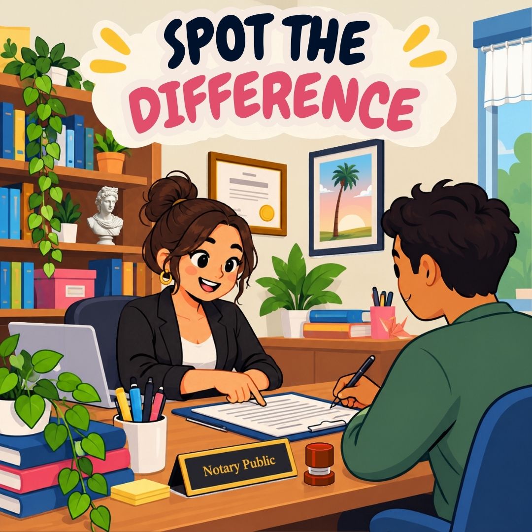 nationalnotary's tweet photo. There are 7 differences between these two photos, can you catch them all? Being a Notary means having attention to detail! #notary https://t.co/SHd5n0oIoE