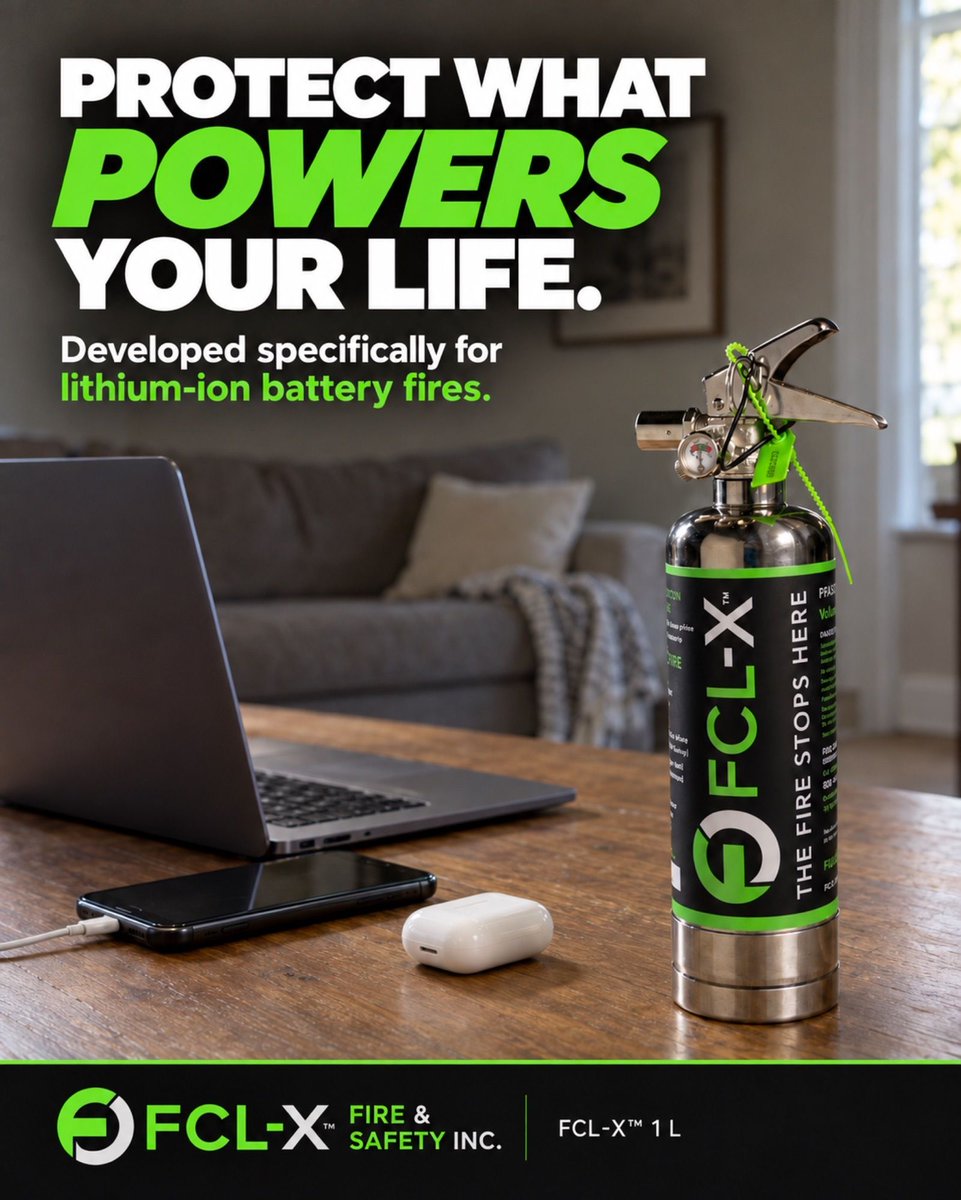 FCLXFireSafety's tweet photo. Look at what’s on your table. A laptop. A phone. Earbuds. Lithium-ion batteries are part of everyday life, and your fire safety plan should reflect that.

FCL-X is a water-based, PFAS-free fire-extinguishing agent developed specifically for lithium-ion battery fire incidents. The 1 L unit is a practical addition to your home or workspace fire safety plan.

Protect what powers your life.

Explore the FCL-X 1 L through the link in our bio.

#FCLX #BatteryFireSafety #FirePreparedness #ProtectWhatPowersYou