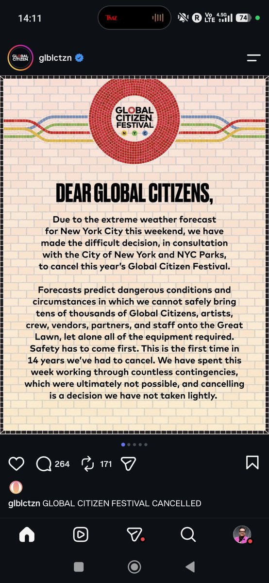 GILBArrera's tweet photo. Ahora cancelan el #GlobalCitizen ... Por el clima y POR SEGURIDAD.

Por primera vez en 14 años, el festival fue cancelado debido al pronóstico de clima extremo para este fin de semana.
La organización aseguró que la seguridad es prioridad y anunció reembolsos para los boletos. Global Citizen regresará a Central Park en 2027.
#GlobalCitizenFestival #NuevaYork #ÚltimaHora