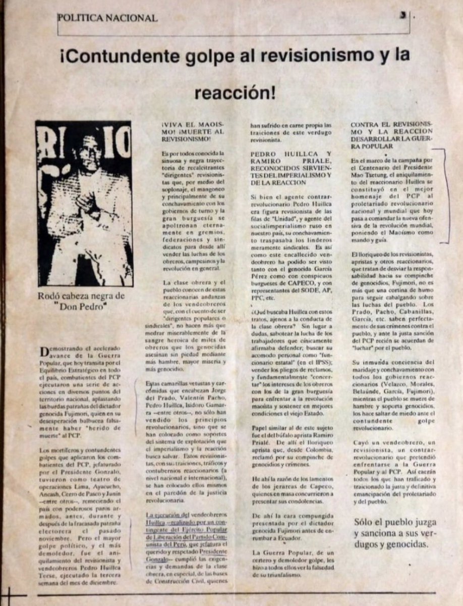 M_ochero's tweet photo. ¿Qué historia estamos enseñando sobre el asesinato de Pedro Huilca?

A propósito del reportaje presentado anoche por Juan Chamorro en Contra Corriente, revisé el libro Historia, Geografía y Economía 5 de Santillana. En la página 179, el pie de una fotografía afirma que Pedro Huilca fue asesinado por el grupo Colina. Lo dice como una verdad cerrada. Pero al alumno le faltan piezas decisivas para entender el caso.

Primero, El Diario, vocero de la OT “Sendero Luminoso”, celebró y reivindicó el asesinato. No se trata de una interpretación ajena a la organización: es lo que publicó su propio pasquín.

Segundo, la DIRCOTE PNP  investigó el crimen. En el atestado N.º 008-D1-DINCOTE reconstruyó la estructura senderista del Comité Metropolitano y la Zona Norte, y señaló a presuntos autores. Esa investigación debe conocerse y examinarse, no desaparecer del relato escolar.

Tercero, hubo condenas contra presuntos integrantes de Sendero en el fuero militar, luego pasó al fuero común (en el 2003 por problemas de debido proceso, se abrió uno nuevo ante la justicia ordinaria, condena anulada no debe citarse como si siguiera vigente).

Cuarto, la CVR (particularmente no estoy de acuerdo en varias conclusiones, principalmente llamar conflicto armado interno al terrorismo) estudió las hipótesis que señalaban a “Sendero Luminoso” y al “grupo Colina”, y concluyó que no había logrado establecer la autoría con certeza. Esa conclusión tampoco autoriza a un libro escolar a afirmar, sin matices, que Colina cometió el asesinato. En 2023, los acusados de integrar ese grupo fueron absueltos en el proceso por este caso.

Respeto el dolor de la actual diputada Indira Huilca y el derecho de su familia a sostener la hipótesis que consideran fundada. Discrepo de presentar esa hipótesis como la única verdad y de dejar fuera la documentación que apunta a “Sendero Luminoso”. Debatamos las pruebas sin convertir el asesinato de Pedro Huilca en una disputa de consignas.

Eso es enseñar historia a los jóvenes: mostrarles la reivindicación senderista, el atestado policial, lo ocurrido con las sentencias y la conclusión de la CVR. Santillana debe corregir no solo la página 179.

Un pie de foto no puede sustituir a los documentos.

Por un
#PerúSinSombras