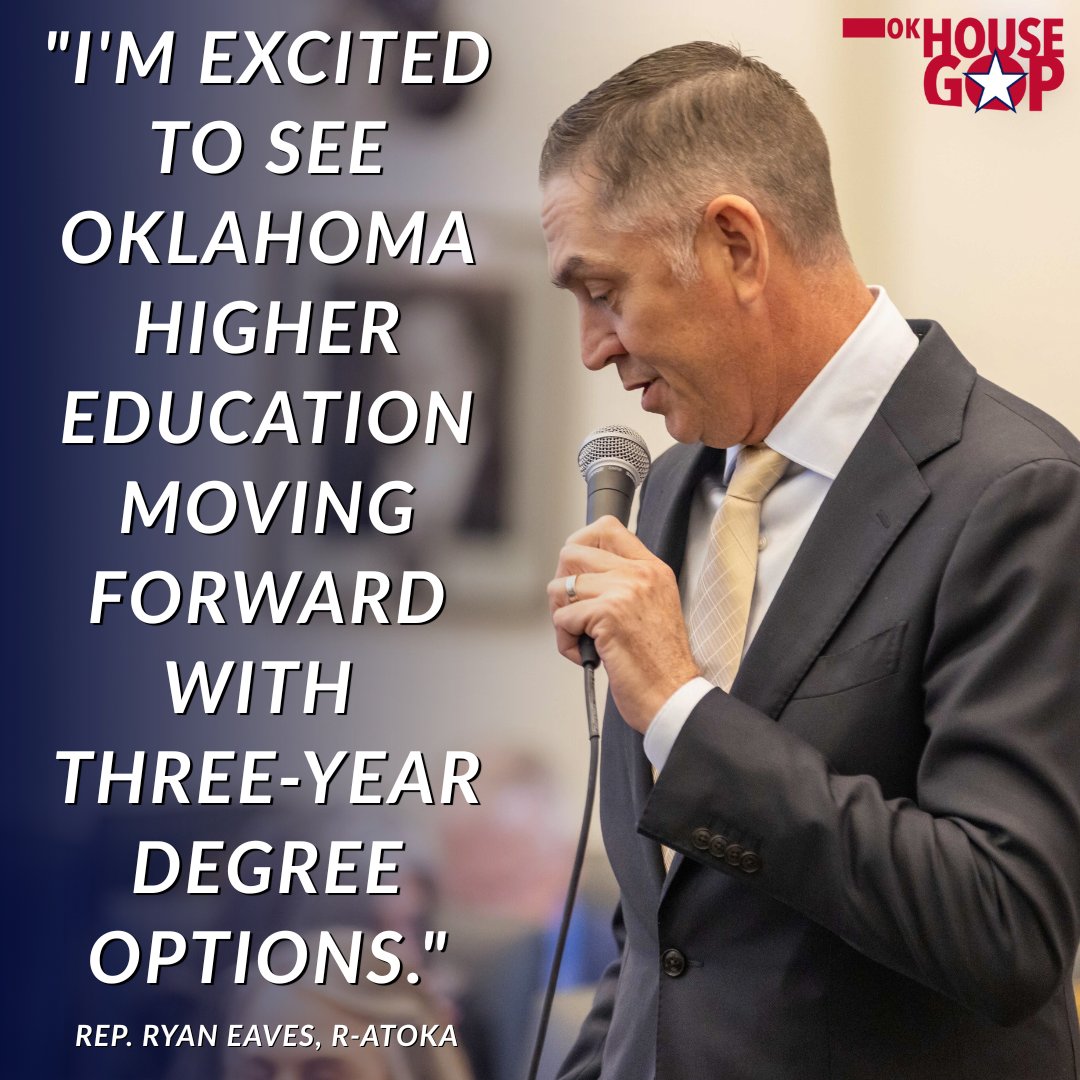 OKHouseGOP's tweet photo. Rep. Ryan Eaves applauded the Oklahoma State Regents for Higher Education and state higher education leaders following the approval of new three-year bachelor's degree programs at three public universities.

Read More: https://t.co/qbndaxHcaN #okleg https://t.co/TGcJhthEZn