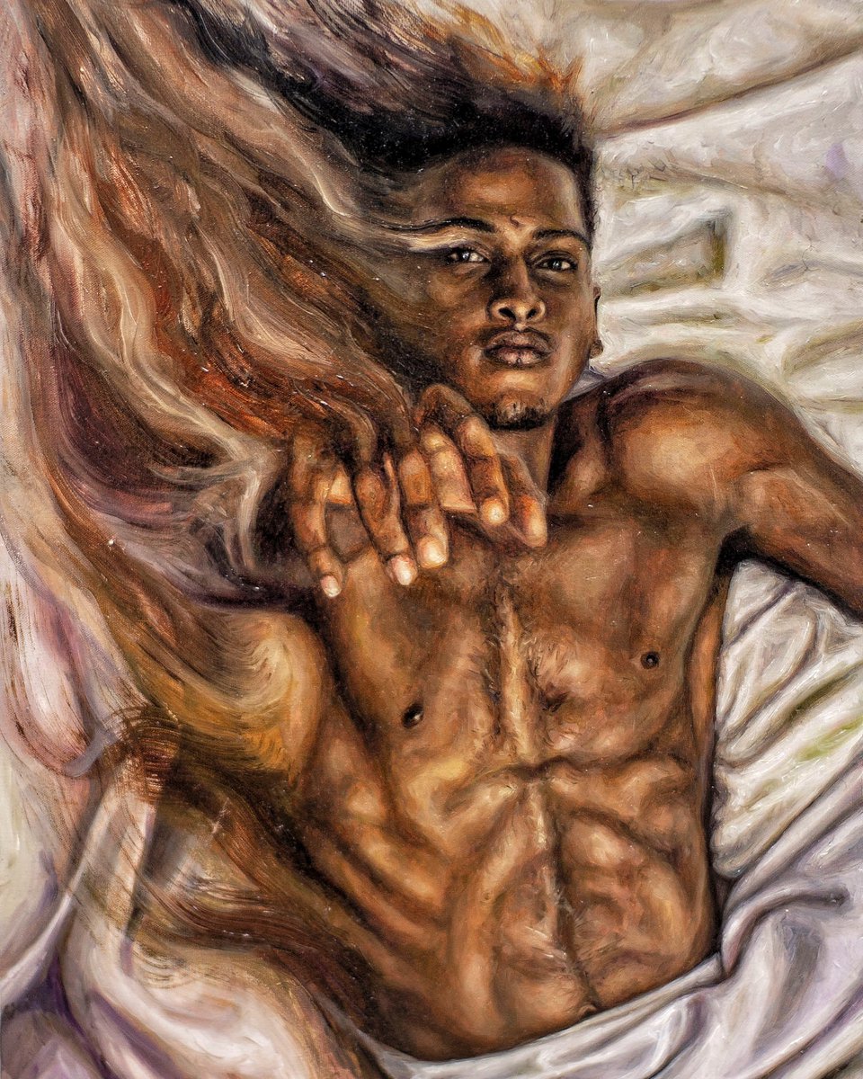 GayCult0's tweet photo. Kerron John é um artista de Trindade e Tobago que brilha na pintura a óleo figurativa. Suas obras celebram a identidade negra e a cultura queer com forte teor homoerótico, retratando corpos masculinos com intensa vulnerabilidade, sensualidade, afeto e orgulho político. https://t.co/A7atSChb9i