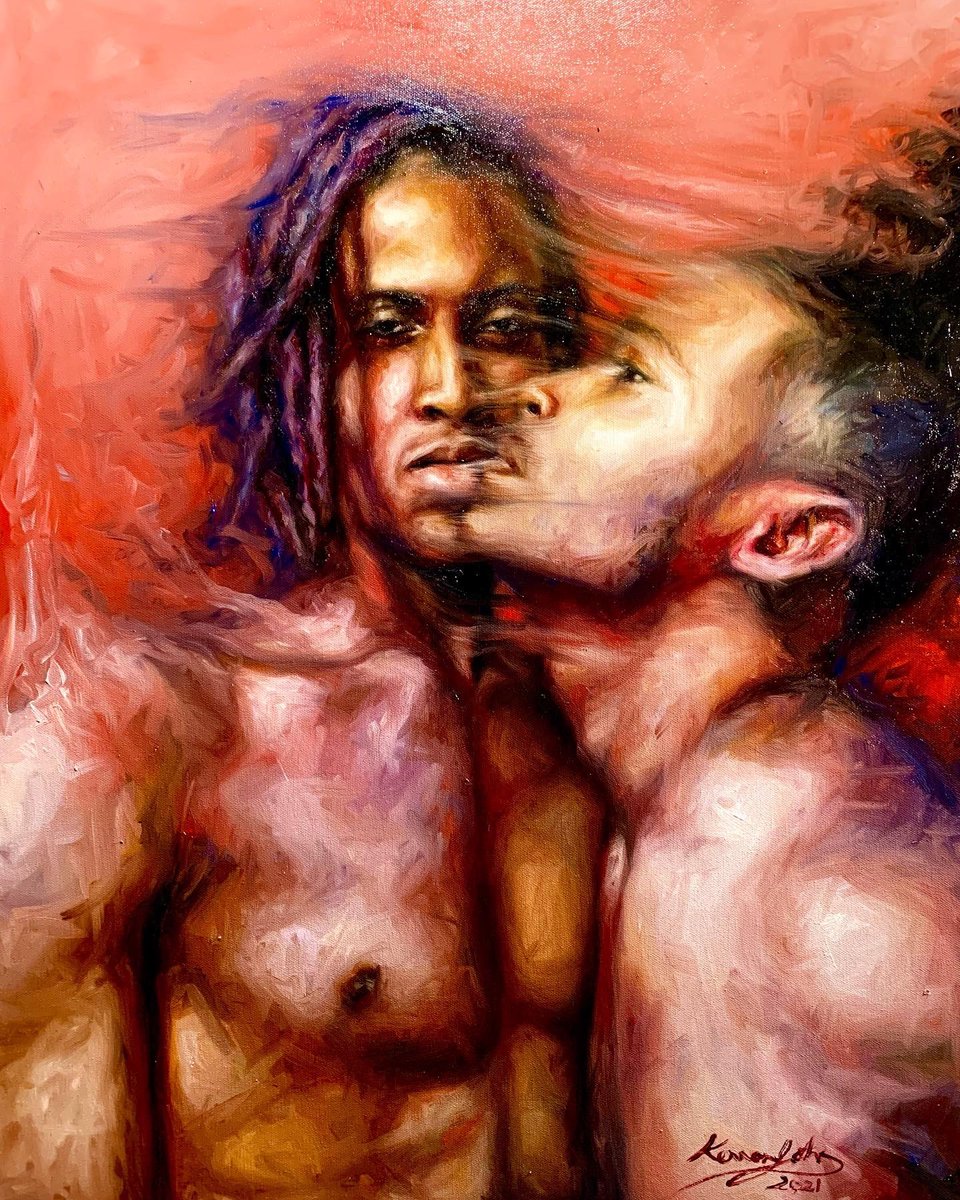 GayCult0's tweet photo. Kerron John é um artista de Trindade e Tobago que brilha na pintura a óleo figurativa. Suas obras celebram a identidade negra e a cultura queer com forte teor homoerótico, retratando corpos masculinos com intensa vulnerabilidade, sensualidade, afeto e orgulho político. https://t.co/A7atSChb9i