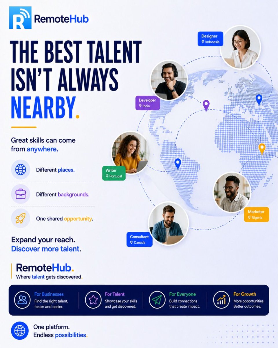 remotehub_com's tweet photo. Great talent can come from anywhere. 🌎

Different places. Different backgrounds. Different skills.

RemoteHub helps businesses expand their reach, discover skilled professionals, and connect with talent beyond traditional boundaries.

One platform. Endless possibilities. https://t.co/h8hi9Vf5vP