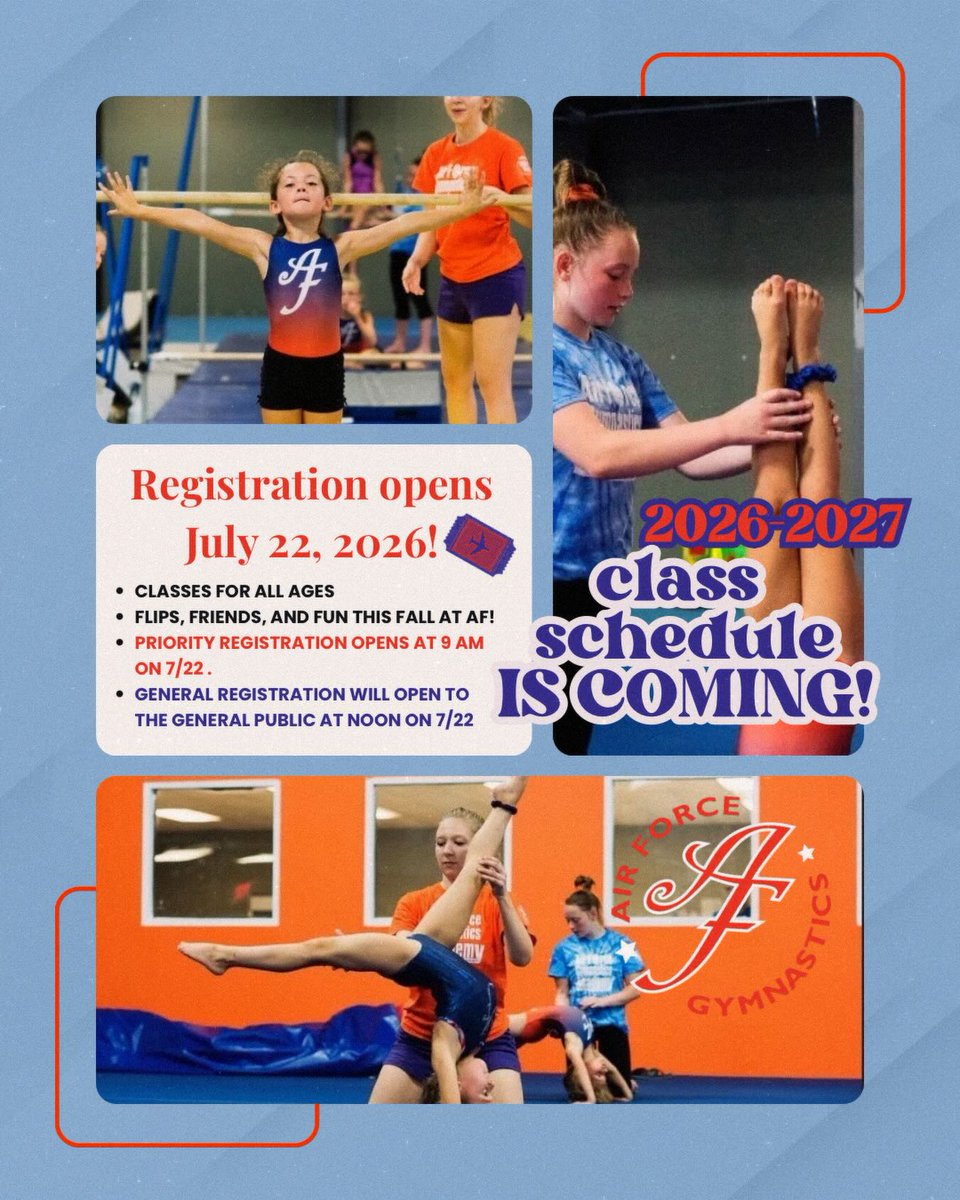 xxjorge_33's tweet photo. Flips, friends, and fun await this fall at AF! The 2026–2027 class schedule is here, with classes for all ages and skill levels. Registration opens July 22: Priority at 9 AM, General at 12 PM. Spots fill fast, so register early! https://t.co/ir9YF3pcOs