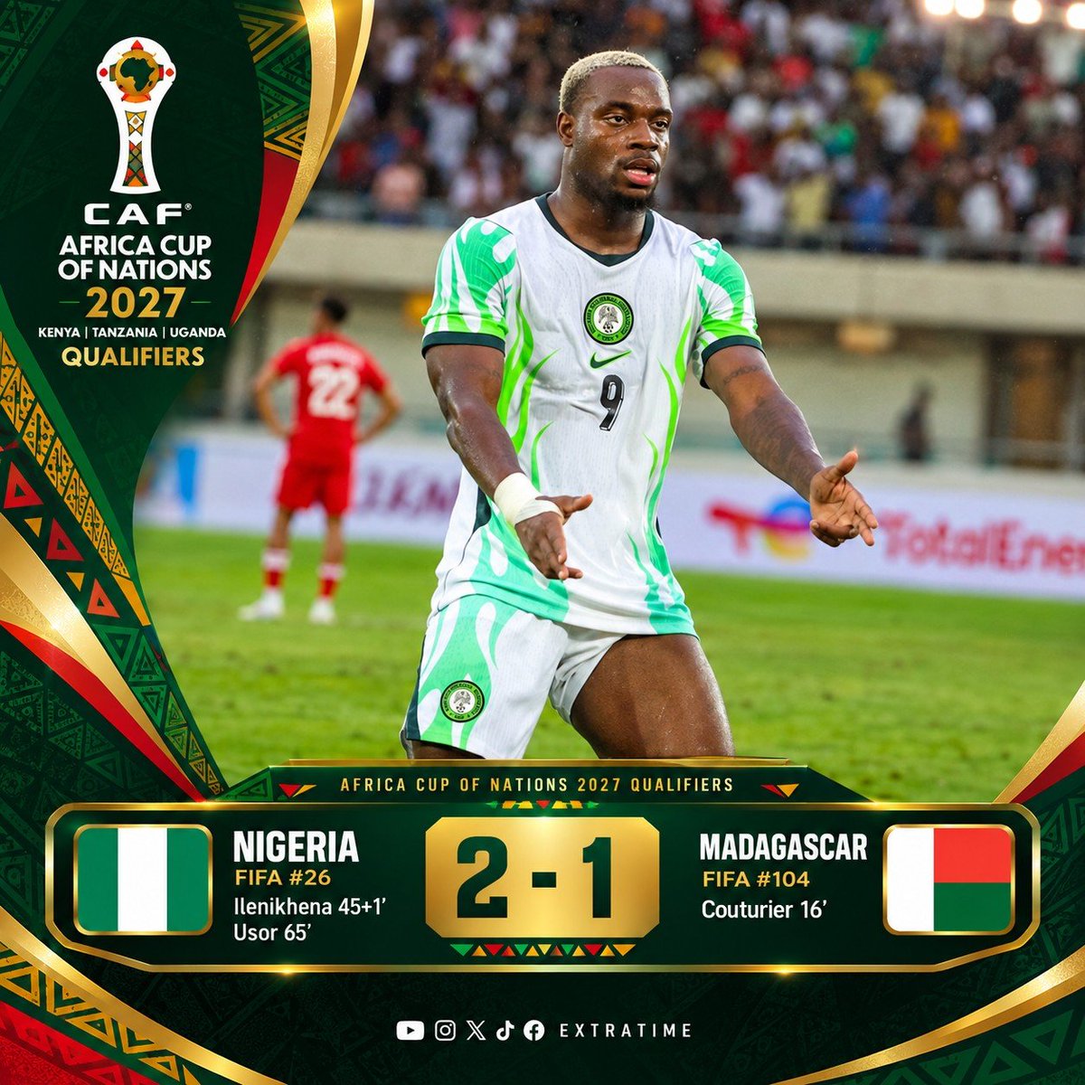 FTextraTime's tweet photo. A successful turnaround in the qualifiers as Nigeria respond to an early deficit to take all three points against Madagascar. #NIGMAD #AFCON2027 #AFCONQualifiers https://t.co/NYxNhj8gxx