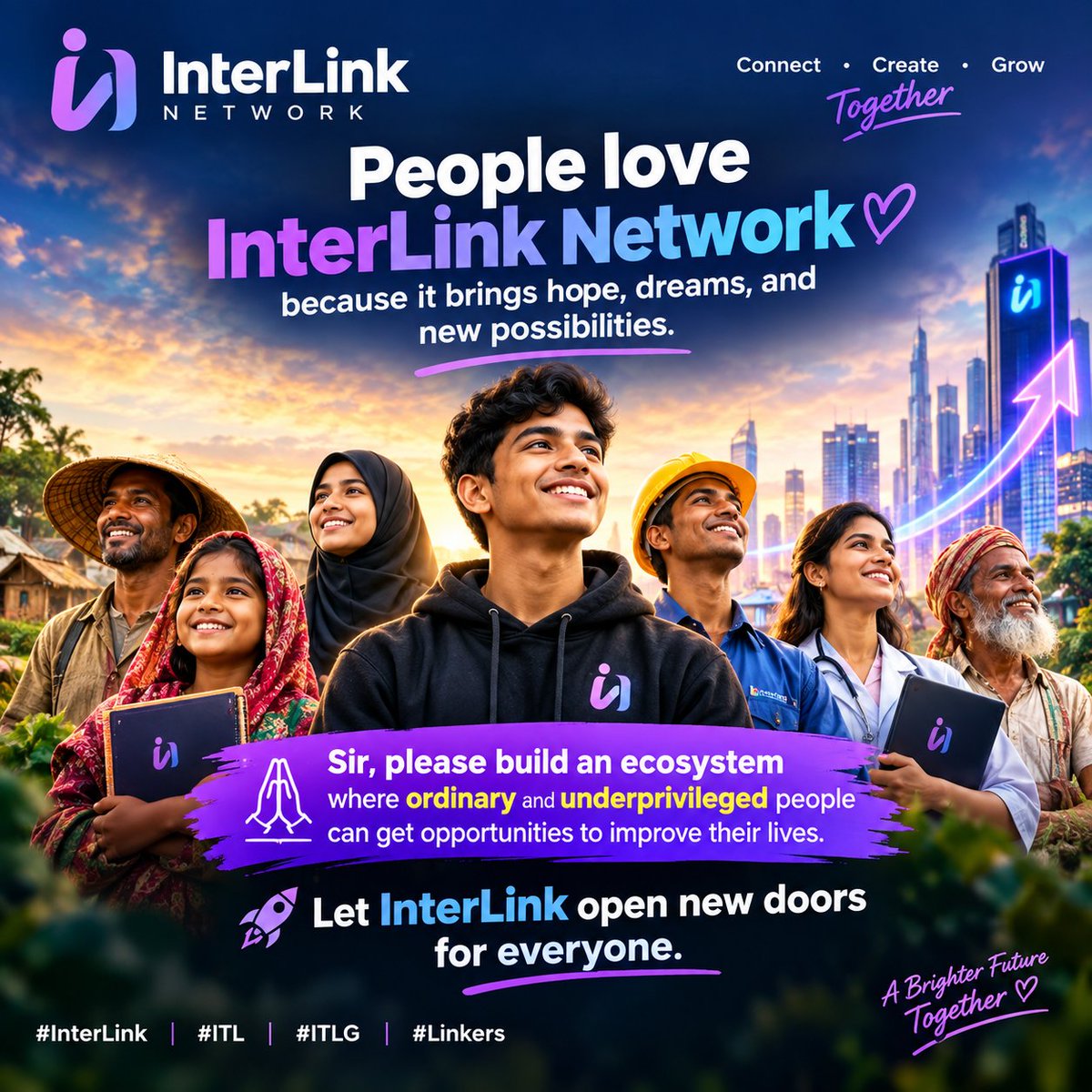 Employment210's tweet photo. People love InterLink Network because it brings hope, dreams, and new possibilities.

Sir, please build an ecosystem where ordinary and underprivileged people can get opportunities to improve their lives.
 Let InterLink open new doors for everyone.
#InterLink #ITL #ITLG #Linkers https://t.co/CLZ43eVMSW