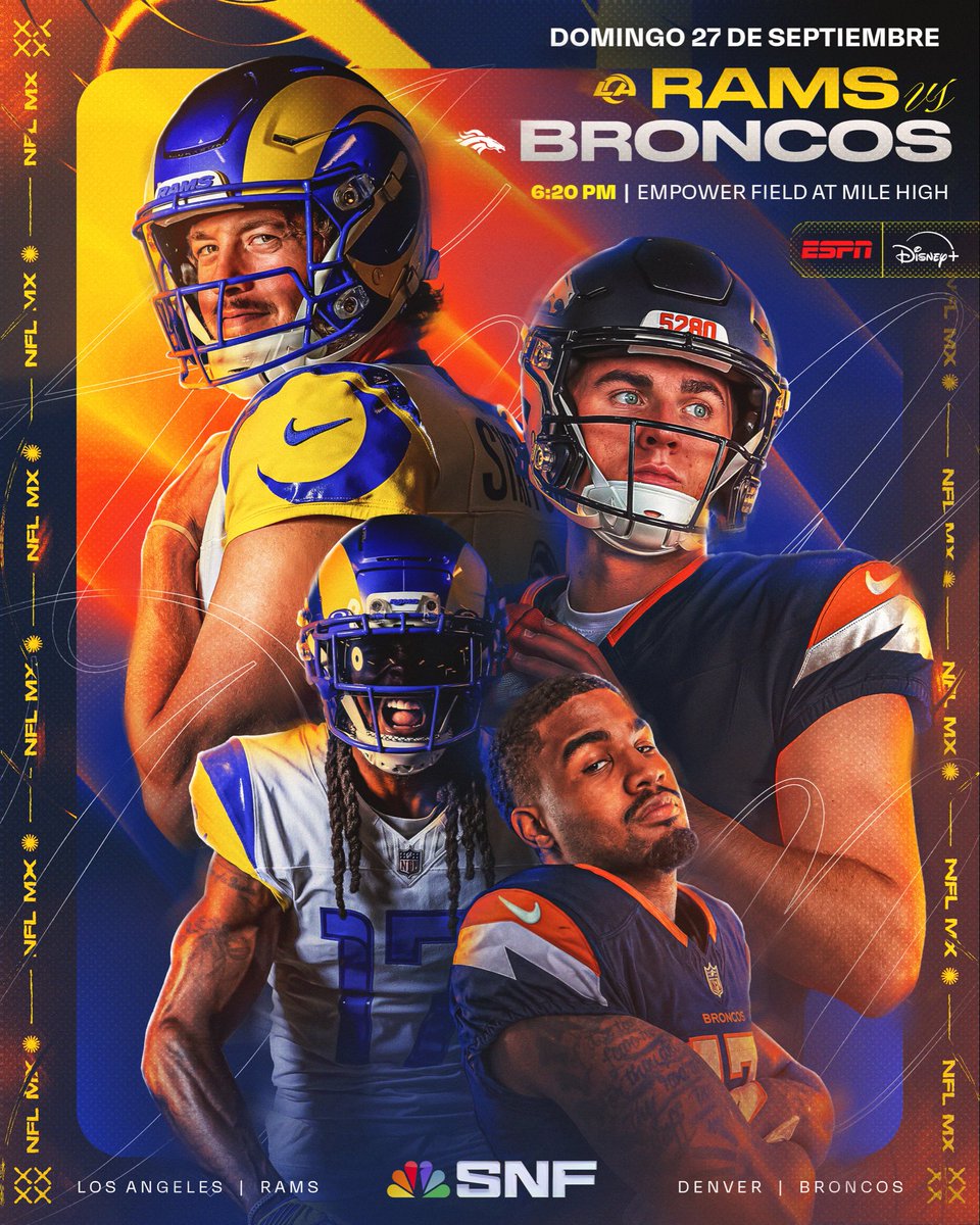nflmx's tweet photo. Rams vs Broncos 🔥
Matthew Stafford y la ofensiva de Rams frente a una defensiva de Broncos que quiere hacer pesar el Mile High 🫨🏟️
Sunday Night Football y tenemos partidazo🙂‍↔️
📺💻 @ESPNmx @disneyplusla https://t.co/uOjNXuw7UE