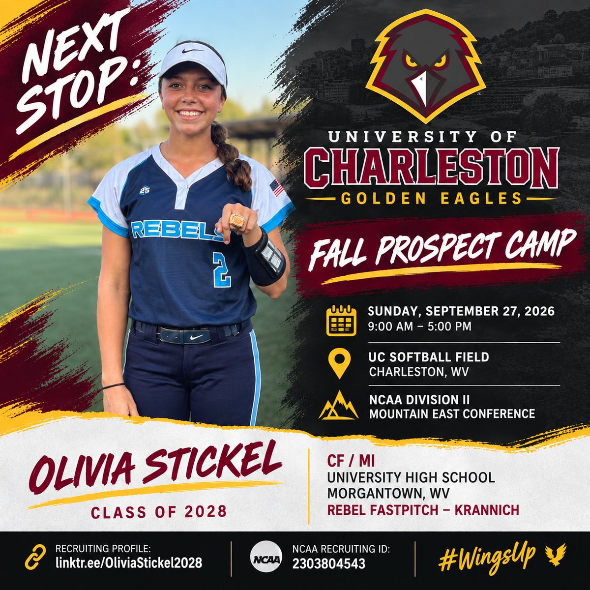 OStickel2028's tweet photo. Next stop: Charleston!  Headed to @UcwvSoftball  this Sunday for Golden Eagles prospect camp #WingsUP

@CoachTaylorW  @IHartFastpitch  @Softball_Home @PA_recruit @SBRRetweets @TOP_D1RECRUITS @PrepSoftball @TheMountainEast @UCWV @ucwv_athletics https://t.co/RZgdqEnBR0