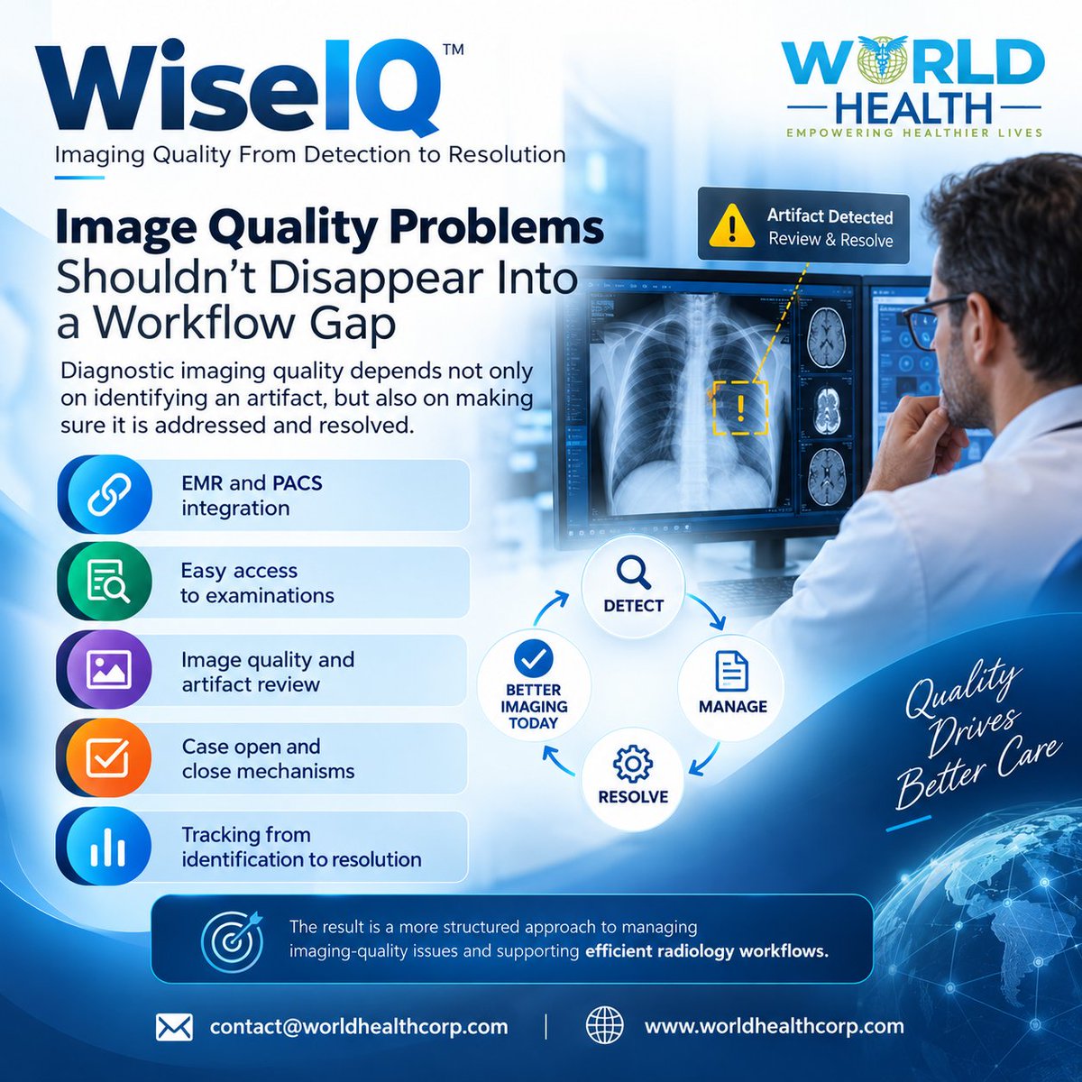 WorldHealthCorp's tweet photo. WiseIQ is a comprehensive imaging quality tracking and feedback platform.
#radiology #worldhealth #medicalimaging #clinicalbenefits #softwaresolutions #imageproblemsolution https://t.co/npUDWIomBw