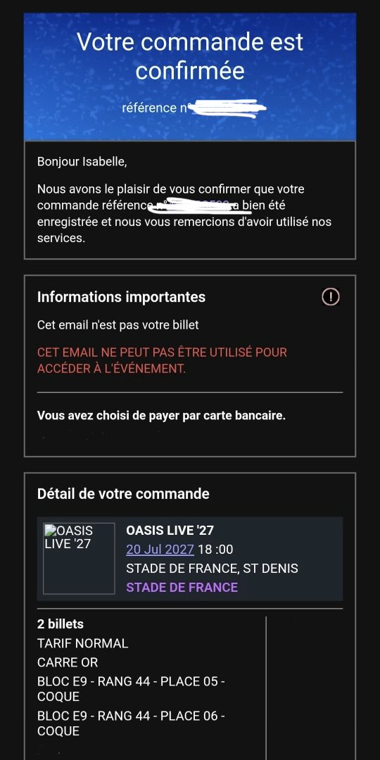 LiveWmaureen's tweet photo. War is OVER !!!! Ma mère qui va réaliser son rêve #oasis #oasisconcert #ticketmaster https://t.co/UmqQT0QR36