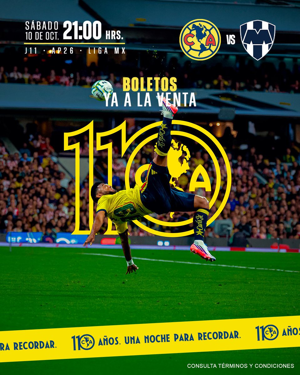 ClubAmerica's tweet photo. ¡La venta general para la Jornada 11 ya está disponible! 🔛

J11 ⚔️ América vs. Monterrey
🎟️ Boletos: https://t.co/Re8WO3lDms
#110AñosDeAmérica

Ven al partido y pintemos nuestro estadio de amarillo. 🏟️💛 https://t.co/kTNZTgq79m