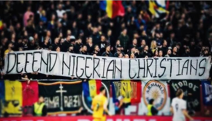 TheYorubaTimes's tweet photo. Romanian football fans have displayed a huge banner reading “DEFEND NIGERIAN CHRISTIANS”, drawing attention to the violence and killings affecting Christian communities in Nigeria.

The banner comes amid a claim by the International Society for Civil Liberties and Rule of Law (Intersociety) that 2,550 Christians were killed across Nigeria between January and June 2026, allegedly by Islamist armed groups.