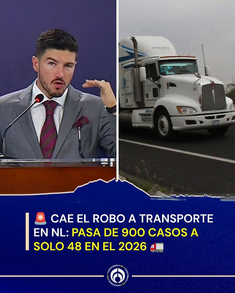 Formula_Mty's tweet photo. 🚨 Más seguridad en las carreteras de NL: Samuel García (@samuel_garcias ) informó que el robo a transporte de carga ha caído hasta llegar a 48 casos en 2026 frente a casi 900 casos en años anteriores, mientras el flujo vehicular se ha triplicado. 🚛 https://t.co/MidS89gNP0