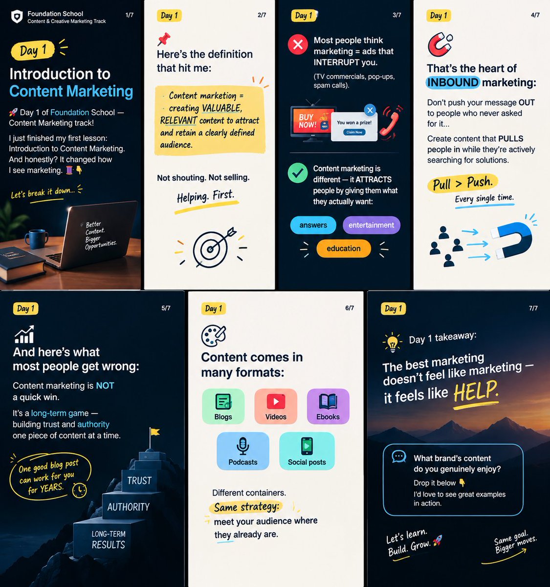 CLARKzo_'s tweet photo. 🚀 Day 1 of Foundation School — Content Marketing track!

Just finished my first lesson: Introduction to Content Marketing. It genuinely changed how I see marketing, so I turned my notes into visuals 🎨

Swipe through for the key lessons 👉 (1/7) https://t.co/len9PixdJE