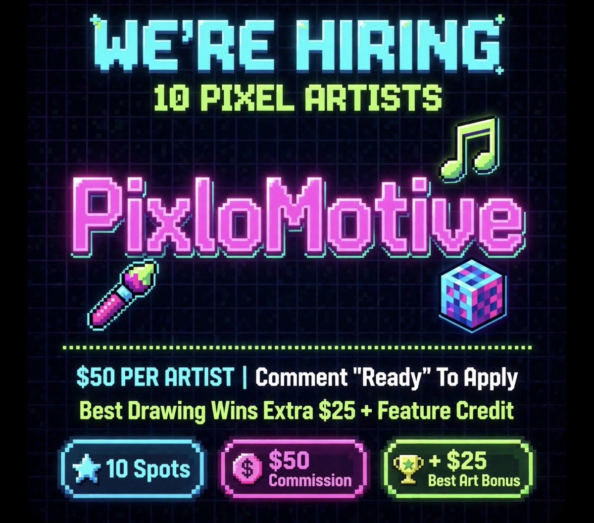 Neuorix's tweet photo. 🎨 PIXEL ARTISTS WANTED $$ PAID COMMISSION 🎨

https://t.co/dIpQFfWGes is hiring 10 commission artists!

💰 $50 per artist
🏆 Best drawing wins an EXTRA $25 + Feature Credit

To Apply: Just comment "Ready" on this post and we'll DM you! #pixelart #commissionwork #artist #commissi https://t.co/964891EjWQ