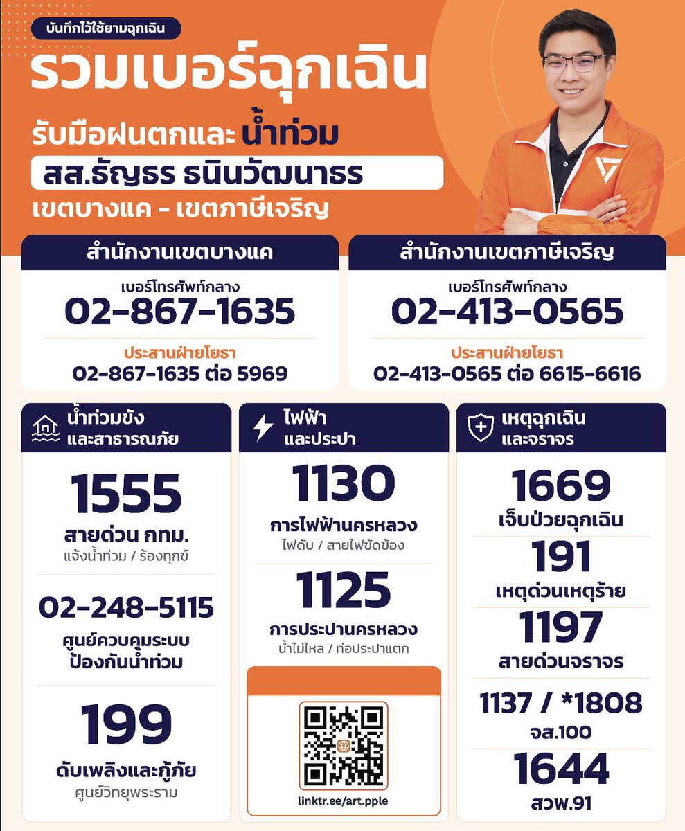 ArtThanyathorn's tweet photo. ☔️ รวมเบอร์ฉุกเฉิน รับมือฝนตกและน้ำท่วม 
📍 เขตบางแค – ภาษีเจริญ
Saveภาพนี้ไว้ใช้ยามจำเป็น และส่งต่อให้คนในครอบครัวได้เลยครับ
ผมรวบรวมเบอร์โทรศัพท์กลางและเบอร์ประสานฝ่ายโยธาของสำนักงานเขตบางแคและภาษีเจริญ พร้อมสายด่วนแจ้งน้ำท่วม ไฟดับ น้ำประปาขัดข้อง เจ็บป่วยฉุกเฉิน และปัญหาจราจร เพื่อให้พี่น้องประชาชนติดต่อขอความช่วยเหลือได้ตรงกับปัญหาครับ
.
📲 หากต้องการแจ้งปัญหาในพื้นที่ให้ผมหรือทีมงานช่วยประสาน สามารถติดต่อผ่านช่องทางใน QR Code ที่อยู่ในภาพ พร้อมระบุพิกัด ถนนหรือซอย และรายละเอียดของปัญหา หากมีภาพประกอบก็แนบส่งมาได้ครับ ผมจะรวบรวมข้อมูลและประสานหน่วยงานที่เกี่ยวข้องต่อไป
.
ขอให้ทุกคนผ่านสถานการณ์นี้ไปด้วยกัน เพิ่มความระมัดระวังในการเดินทาง และติดตามสถานการณ์ในพื้นที่อย่างใกล้ชิดครับ 🧡
.
#อาร์ตธัญธร #พรรคประชาชน 
#บางแค #ภาษีเจริญ #น้ำท่วม