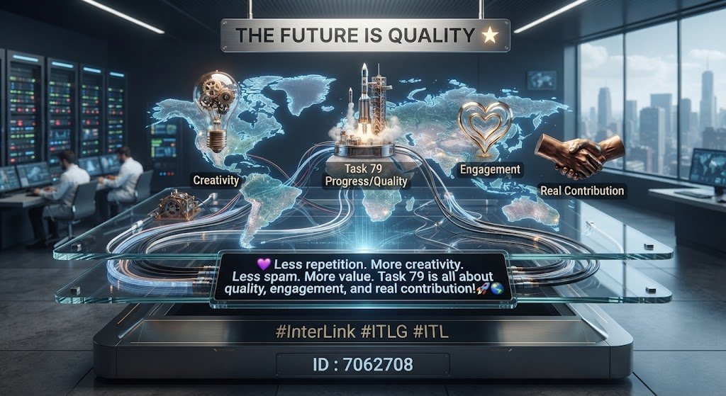 jacquesangaeu's tweet photo. The Future Is Quality 🌟
💜 Less repetition. More creativity.
Less spam. More value.
Task 79 is all about quality, engagement, and real contribution! 🚀🌍
#InterLink #ITLG #ITL https://t.co/Z05QHIFU7L