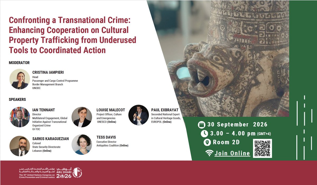 CombatLooting's tweet photo. 🏛️ NEXT WEEK Cultural property is on the agenda at the 15th #UNCrimeCongress.

The AC will join one of two sessions exploring practical ways to strengthen international cooperation against this crime to strengthen #GlobalSecurity. 

See fliers for details! https://t.co/KenPh9nCH0