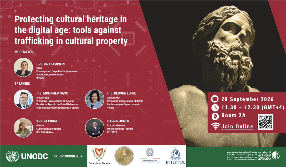 CombatLooting's tweet photo. 🏛️ NEXT WEEK Cultural property is on the agenda at the 15th #UNCrimeCongress.

The AC will join one of two sessions exploring practical ways to strengthen international cooperation against this crime to strengthen #GlobalSecurity. 

See fliers for details! https://t.co/KenPh9nCH0
