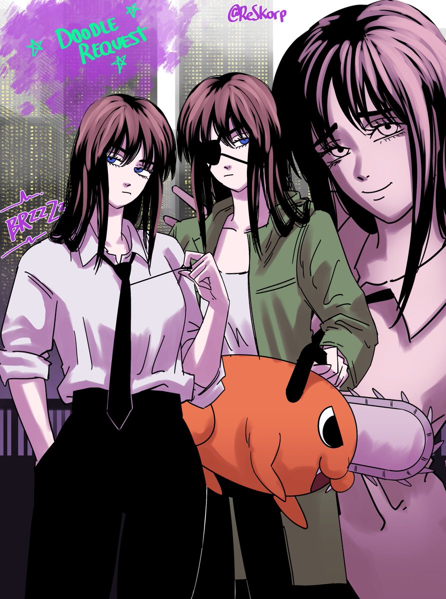 ReSkorp's tweet photo. Doodle Request: Asa con el uniforme de Denji, y el pelo suelto 🖤 @dreamy1ight 
si, son 3, porque no quise sacar a ninguna. https://t.co/ByUjNvBitb