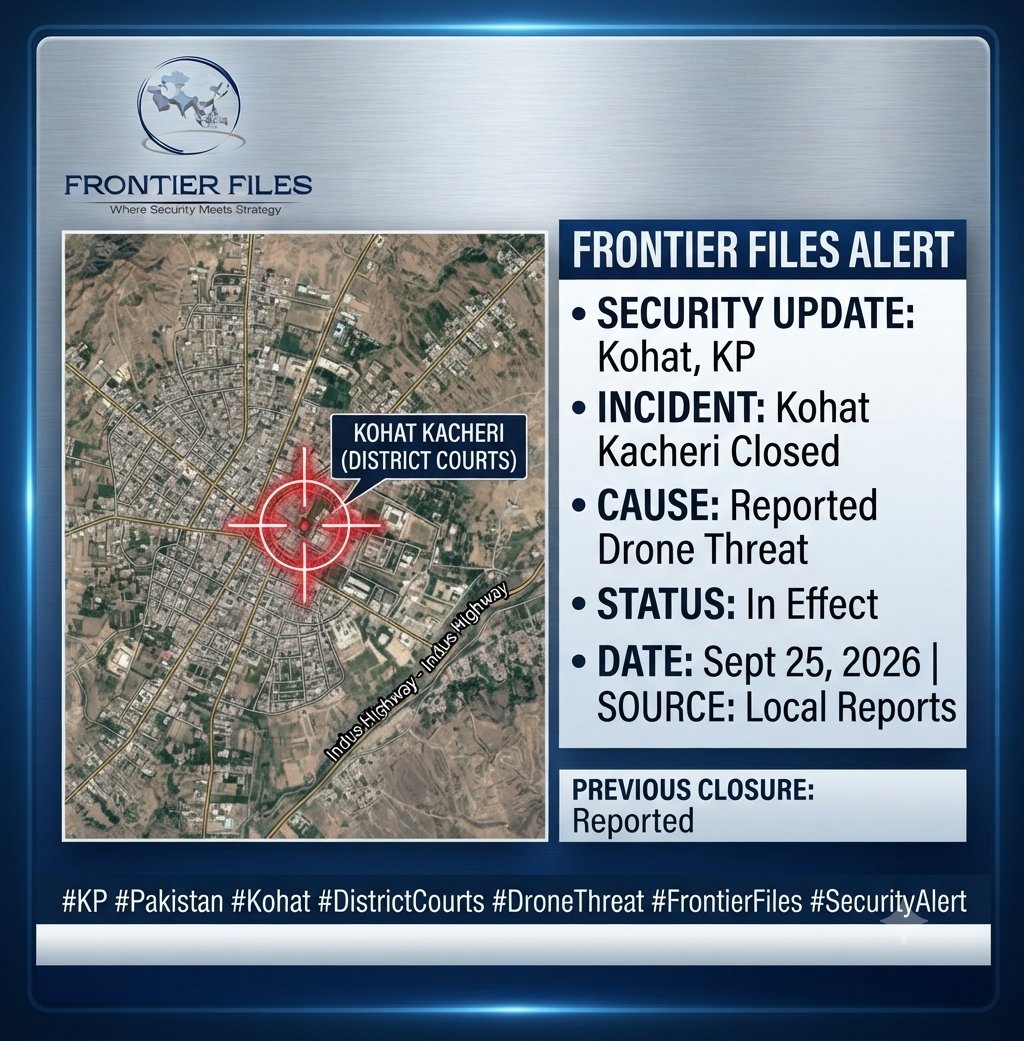AhsanJunaidAJ's tweet photo. Kohat, KP: Authorities have reportedly shut the Kohat Kacheri (District Courts) following a reported drone threat. Further details and official confirmation remain awaited.
#Kohat #KPUpdates #SecurityAlert #Pakistan #FrontierFiles https://t.co/yrlvyNlyz3