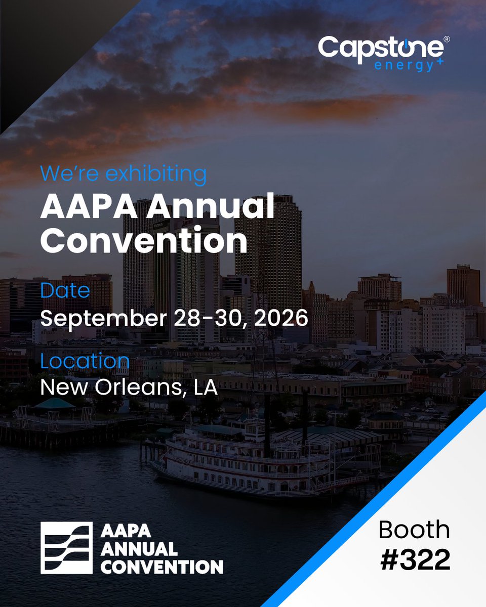 CapstoneEnergy's tweet photo. Capstone Energy+ will be exhibiting at the AAPA Annual Convention, September 28–30, in New Orleans, Louisiana. Visit us at Booth 322 to talk about how our on-site gas turbine solutions can help ports meet growing power demands, strengthen resilience, and put waste heat to work. https://t.co/RcmPLLT9Q0
