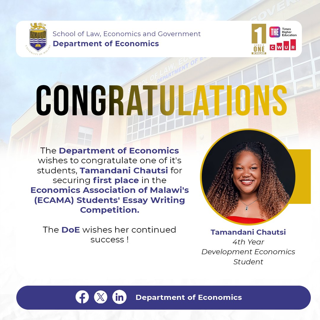 unimaecon's tweet photo. DoE tops again!
The DoE is proud to celebrate Ms. Tamandani Chautsi, who has emerged number 1 in the Economics Association of Malawi (ECAMA) Students’ Essay Writing Competition.
#ECAMA #DoE #SLEG #UNIMA
@ECAMA_official
@Gowokani11 @HappyKayuni https://t.co/qpYujJvqfn