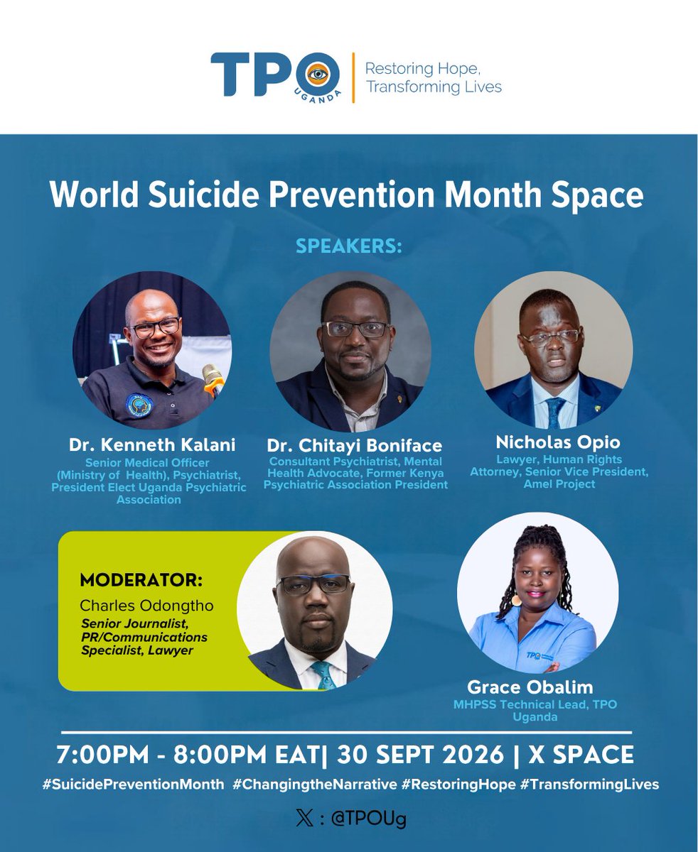 TpoUg's tweet photo. ποΈ Suicide is preventable. Silence is not.
Join @TPOUganda on 30 Sept, 7β8PM EAT for a national Tweet Chat: #ChangingTheNarrative.
Expert voices from Uganda & Kenya will unpack suicide prevention, challenge stigma & strengthen collaboration for mental health & human rights. https://t.co/qgNrWO47LB