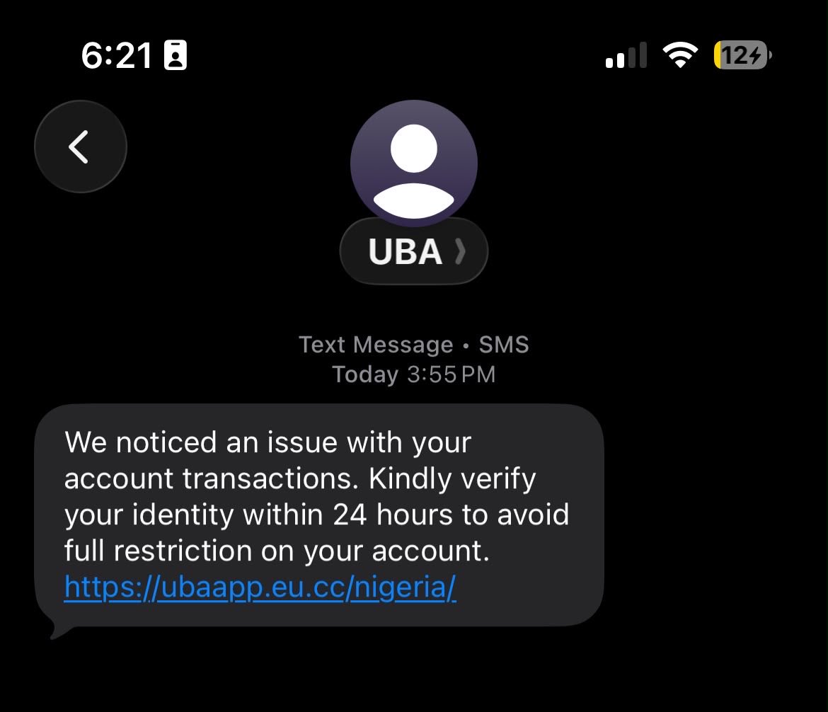 Sheriffie's tweet photo. 🚨 Beware ❌

There’s a smishing campaign targeting UBA bank customers, and even the bank’s app has reportedly been cloned.

Please don’t fall for it.

If you receive a suspicious link via text message or email, DO NOT click it.

Instead, open your bank’s official app directly or type the bank’s website address yourself. Never use links from unexpected messages to access your account.

Stay alert. 🔐