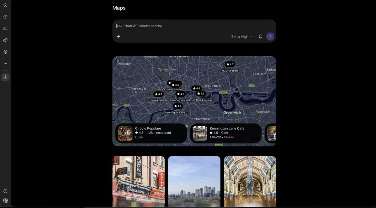 bolyki's tweet photo. ChatGPT Maps jut appeared for me.

Is this new? 

Never seen it before. https://t.co/GJpWWxzh8d
