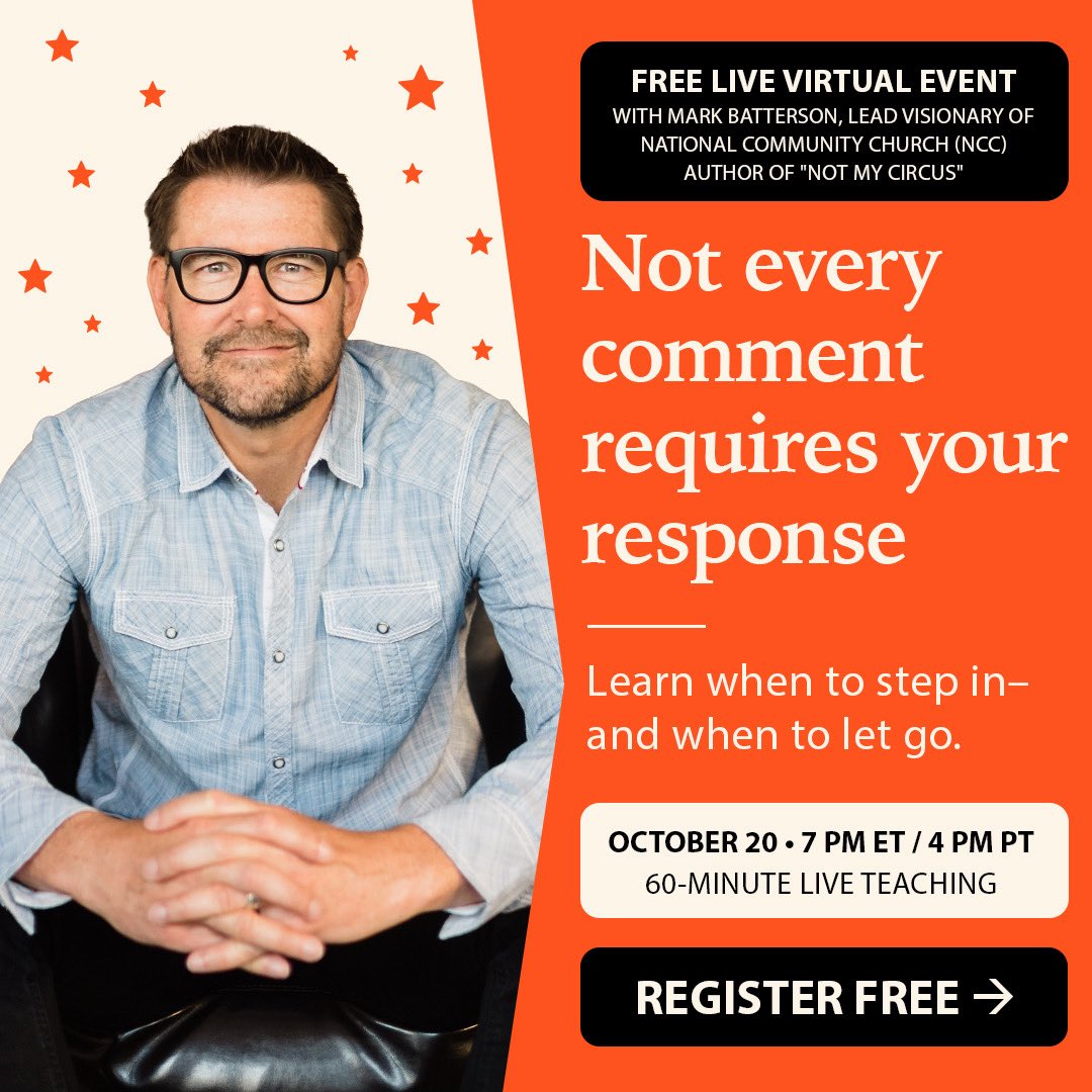 MarkBatterson's tweet photo. You can’t control the noise. You can choose how you show up. On Oct 20, I’ll unpack four principles for better conversations: Ask Anything. Listen Well. Disagree Freely. Love Regardless. Preorder #NotMyCircus for VIP access to the live
teaching + Q&A, replay access, and 7-Day Devotional Challenge.
https://t.co/MpnnEYSUrM  #NotMyCircus