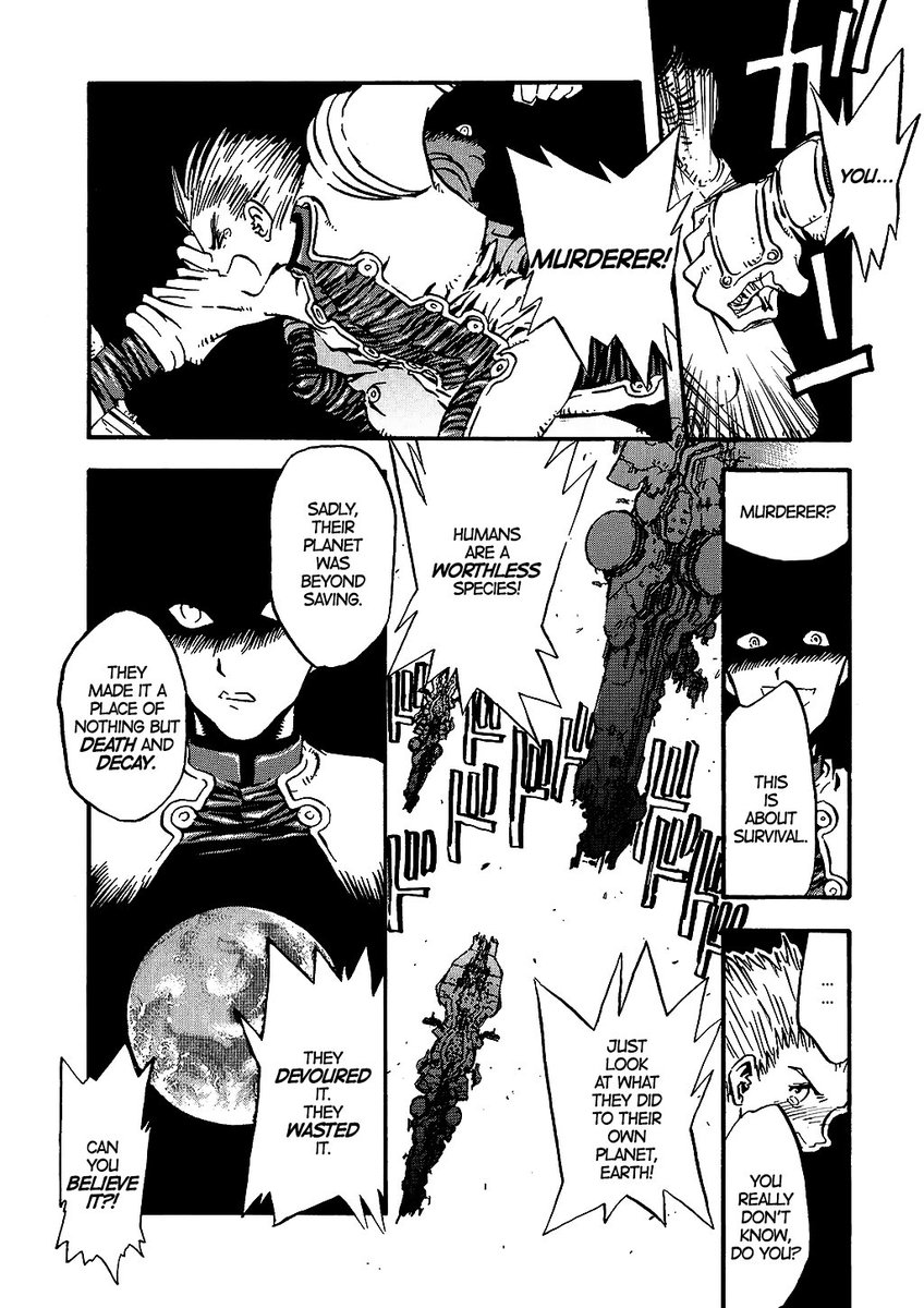 en_stama's tweet photo. @Patocuakojuaco so true!! he says multiple times that humans are worthless, but i don’t think he fully believes that. he says it to convince vash, and maybe even to convince himself. 

after all — if he can believe humans have no worth, he doesn’t have to feel conflicted about his decisions. https://t.co/7v4OMhw19x
