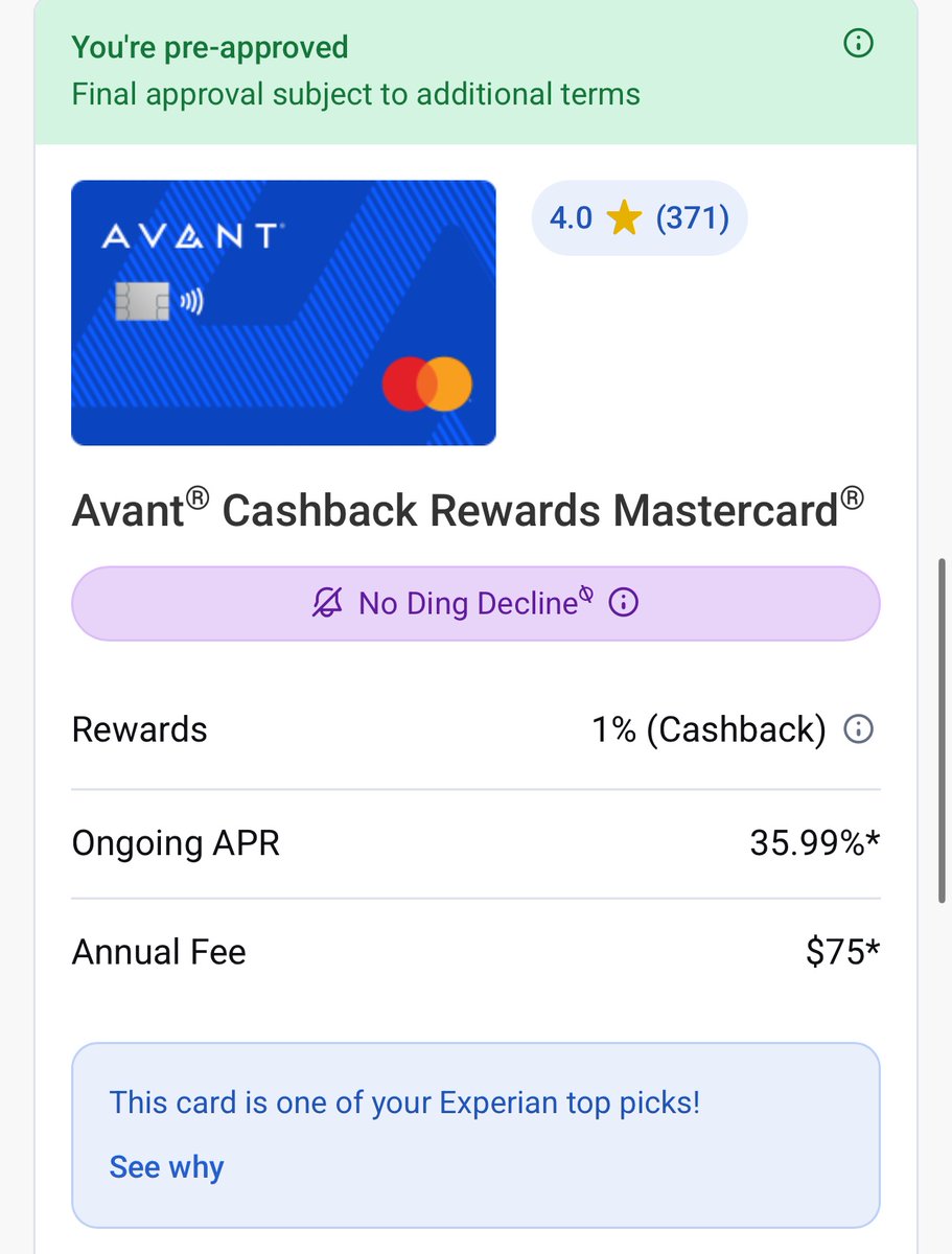 flowwdotgo's tweet photo. Experian: You’re preapproved for one of our too picks!

Just for the card to be $75 a year to get scammed https://t.co/57L6MC7q89