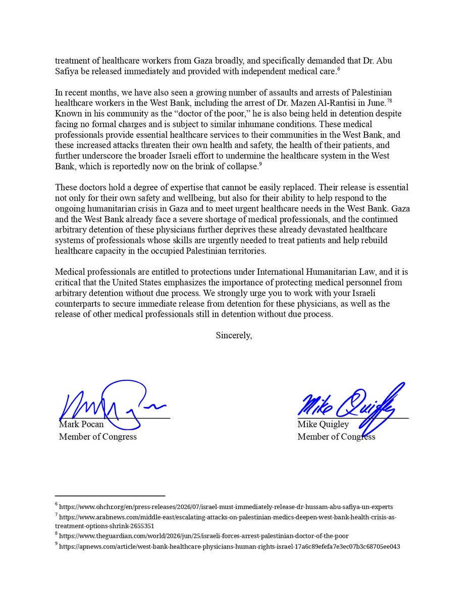RepMarkPocan's tweet photo. Rep. Quigley and I led a letter signed by 41 members of Congress calling on Secretary Rubio to work with Israel to ensure the release of Palestinian healthcare workers. They are arbitrarily being detained without formal charges or due process. https://t.co/w38riTm2pM