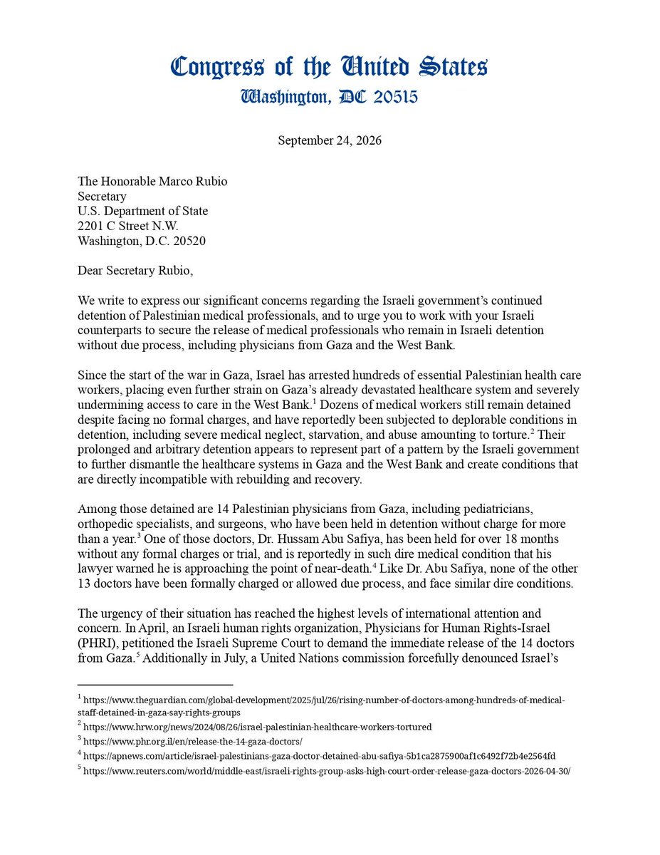 RepMarkPocan's tweet photo. Rep. Quigley and I led a letter signed by 41 members of Congress calling on Secretary Rubio to work with Israel to ensure the release of Palestinian healthcare workers. They are arbitrarily being detained without formal charges or due process. https://t.co/w38riTm2pM