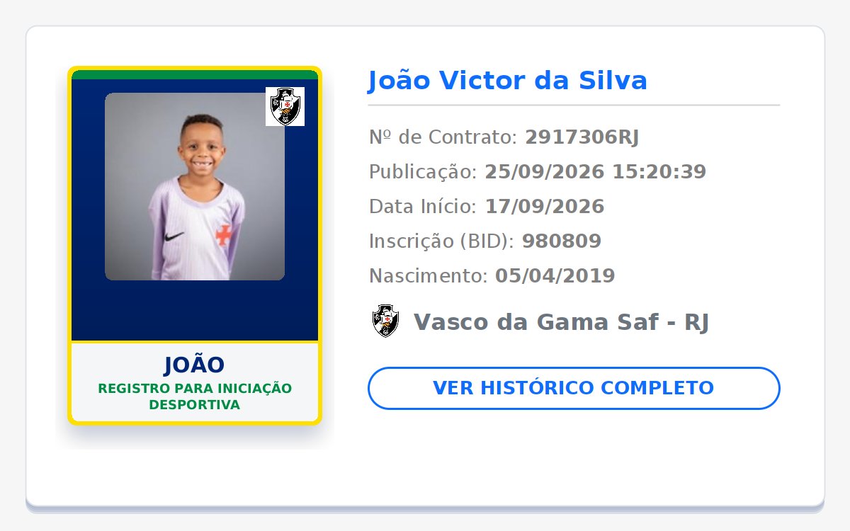 biddovasco's tweet photo. NOVO REGISTRO NO BID! 📝 GIGANTE DA COLINA! 💢⚪⚫

👤 Nome: João
🎂 Nasc.: 05/04/2019
📄 Tipo: Registro para iniciação desportiva
📅 Início: 17/09/2026
🏁 Fim: 31/12/2026

Publicado em: 2026-09-25 15:20:39

#Vasco #VascodaGama #GiganteDaColina https://t.co/GGxsm9CpSz