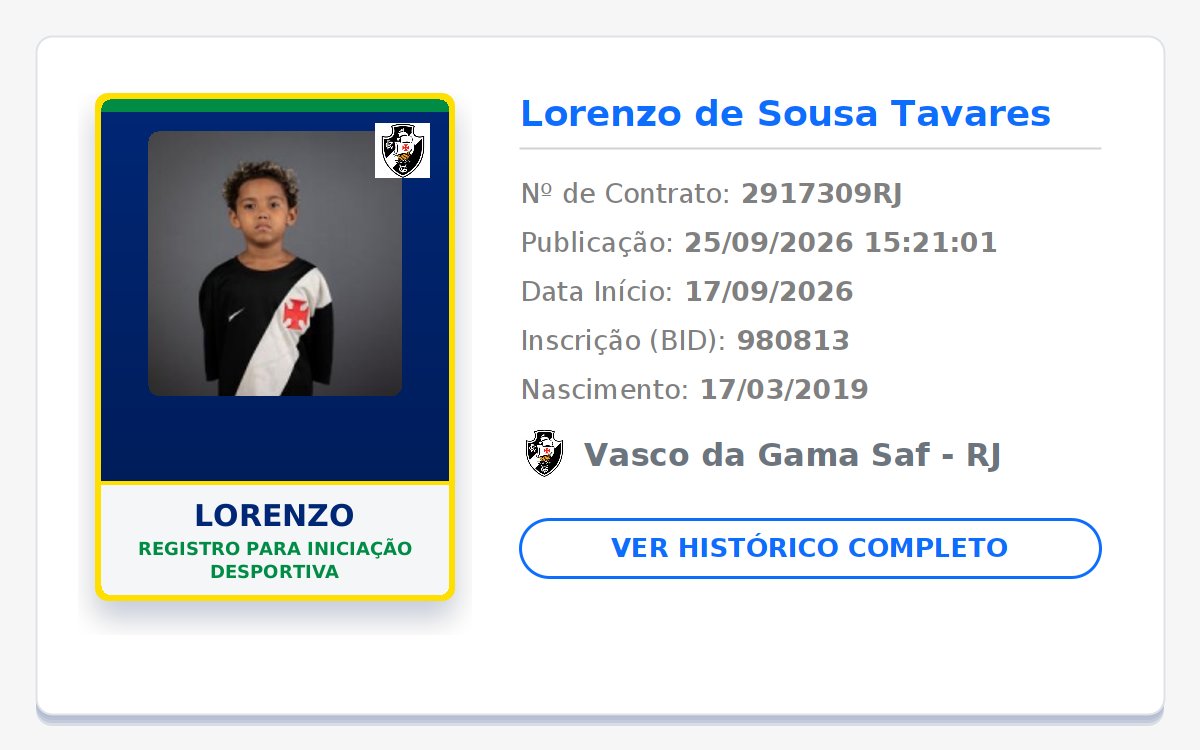 biddovasco's tweet photo. NOVO REGISTRO NO BID! 📝 GIGANTE DA COLINA! 💢⚪⚫

👤 Nome: Lorenzo
🎂 Nasc.: 17/03/2019
📄 Tipo: Registro para iniciação desportiva
📅 Início: 17/09/2026
🏁 Fim: 31/12/2026

Publicado em: 2026-09-25 15:21:01

#Vasco #VascodaGama #GiganteDaColina https://t.co/0gK39qay9P