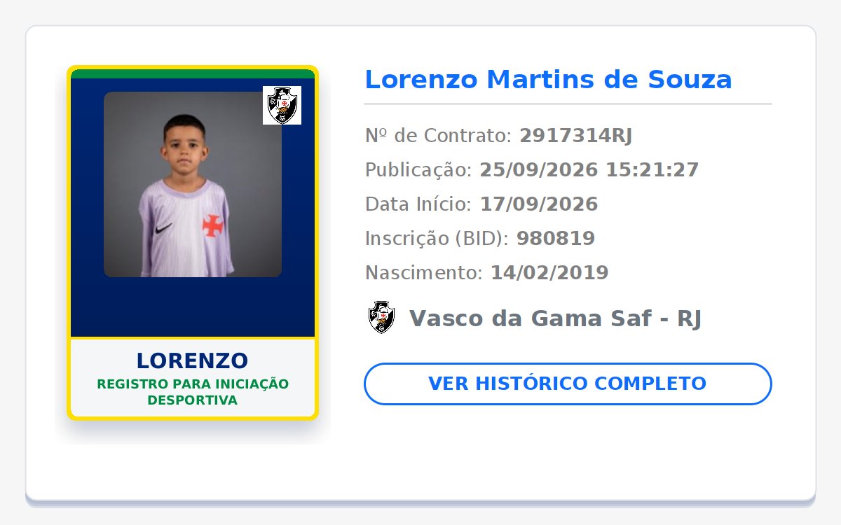 biddovasco's tweet photo. NOVO REGISTRO NO BID! 📝 GIGANTE DA COLINA! 💢⚪⚫

👤 Nome: Lorenzo
🎂 Nasc.: 14/02/2019
📄 Tipo: Registro para iniciação desportiva
📅 Início: 17/09/2026
🏁 Fim: 31/12/2026

Publicado em: 2026-09-25 15:21:27

#Vasco #VascodaGama #GiganteDaColina https://t.co/x7Wc7oJCPl