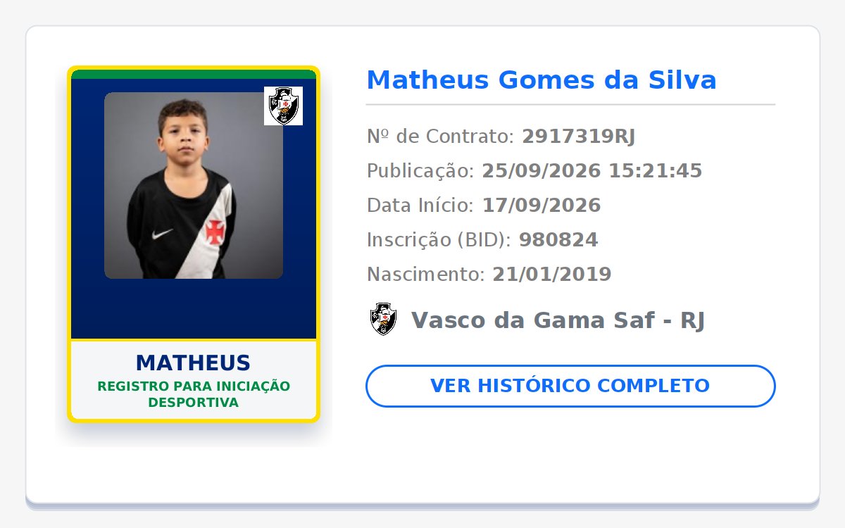 biddovasco's tweet photo. NOVO REGISTRO NO BID! 📝 GIGANTE DA COLINA! 💢⚪⚫

👤 Nome: Matheus
🎂 Nasc.: 21/01/2019
📄 Tipo: Registro para iniciação desportiva
📅 Início: 17/09/2026
🏁 Fim: 31/12/2026

Publicado em: 2026-09-25 15:21:45

#Vasco #VascodaGama #GiganteDaColina https://t.co/ZTgRBcuB2q